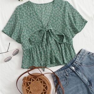 Shein Green Floral Crop Top with Bow Front